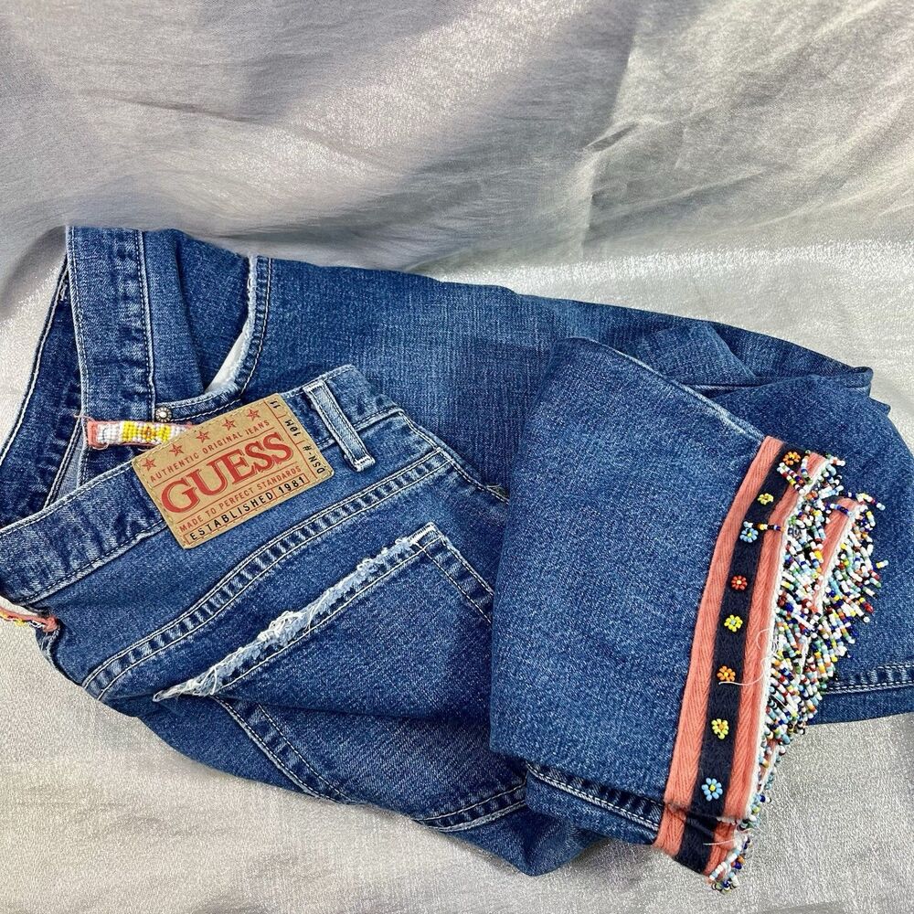 GUESS Vintage Y2K Boho Beaded Crop Capri Jeans 32 Made in USA